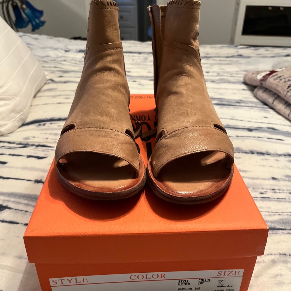 Miz Mooz Tan Peep-Toe Ankle Booties